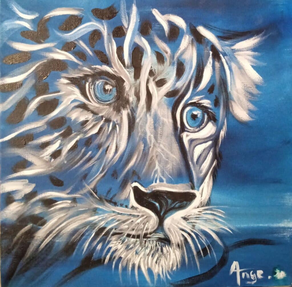 Guépard, toile unique d'un félin au regard bleu persan.